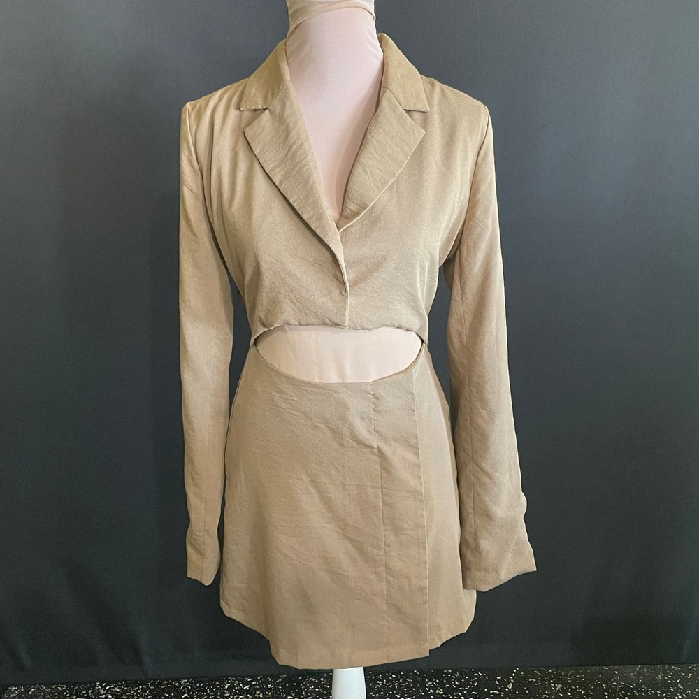 MABLE Blazer Mini Dress Womens Medium Tan Good Cutout Long Sleeve